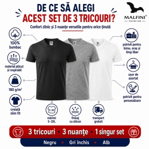 Set 3 Tricouri Bărbați 100% Bumbac cu Guler V-Neck – Alb, Negru și Gri | Model 102 | Transport Gratuit - Img 2