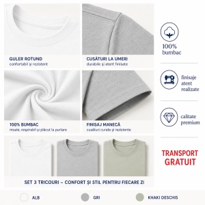 Set 3 Tricouri Bărbați 100% Bumbac Regular Clasic – Alb, Gri Închis și Kaki Deschis | S-3XL - Img 7
