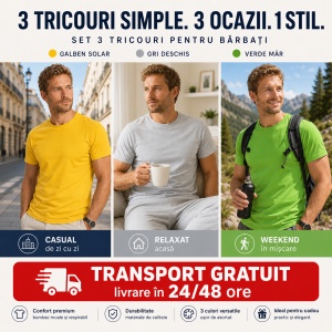 Set 3 Tricouri Bărbați 100% Bumbac Regular Clasic – Galben, Gri Deschis și Verde Mar | S-3XL - Img 7