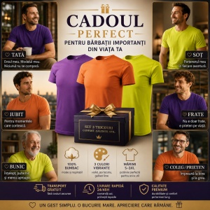 Set 3 Tricouri Bărbați 100% Bumbac Regular Clasic – Violet, Portocaliu și Galben Lime | S-3XL - Img 8