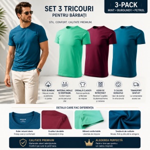 Set 3 Tricouri Bărbați 100% Bumbac Regular Fit – Albastru Petrol, Vișiniu, Verde Mentă | S-3XL - Img 8