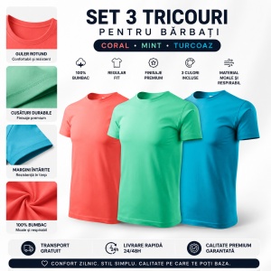 Set 3 Tricouri Bărbați 100% Bumbac Regular Fit – Coral, Verde Mentă, Turcoaz | S-3XL - Img 8