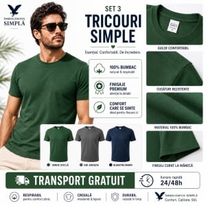 Set 3 Tricouri Bărbați 100% Bumbac Regular Fit – Gri Ardezie, Albastru Marin, Verde - Img 6