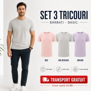 Set 3 Tricouri Bărbați 100% Bumbac Regular Fit – Roz, Gri Deschis, Orchid | S-3XL