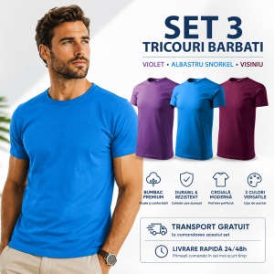 Set 3 Tricouri Bărbați 100% Bumbac Regular Fit – Violet, Blue Snorkel, Vișiniu - Img 8