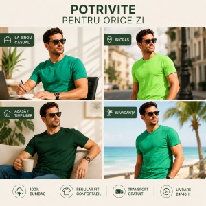 Set 3 tricouri bumbac 100% calitate simplu clasic pentru barbati, trei nuante de verde - Img 6