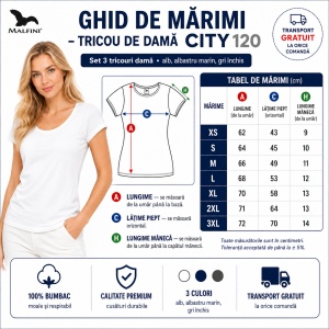 Set 3 tricouri bumbac 100%, cu banda aplicata jos elegant casual pentru femei 120 - Alb Gri Albastru Marin - Img 3