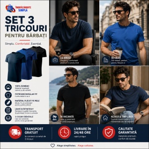 Set 3 tricouri bumbac 100% simplu clasic pentru barbati, Albastru marin, Negru, Albastru - 132 - Img 6