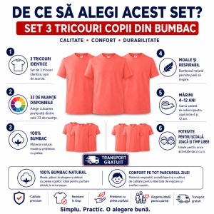 Set 3 tricouri copii din bumbac 100% – 33 nuanțe disponibile, fete și băieți Transport Gratuit - Img 2