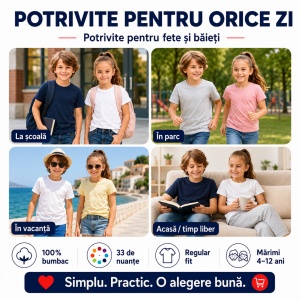 Set 3 Tricouri Copii din Bumbac 100% – Mânecă Scurtă, 35 Culori, Fete și Băieți - Img 5