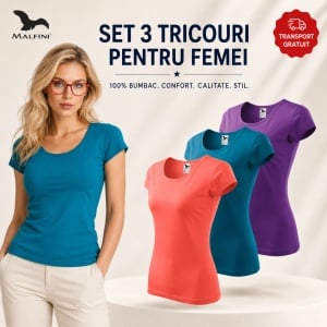 Set 3 Tricouri Damă 100% Bumbac – Albastru, Coral și Violet | Model 122 | Transport Gratuit