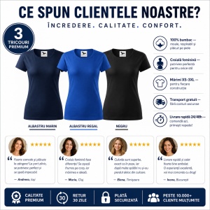Set 3 Tricouri Damă 100% Bumbac – Casual Clasic, Albastru Marin, Albastru Regal și Negru | Transport Gratuit - Img 5