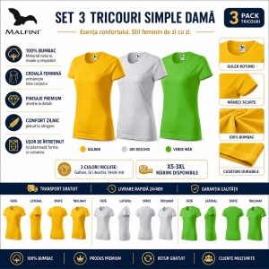 Set 3 Tricouri Damă 100% Bumbac – Casual Clasic, Galben, Gri Deschis și Verde Măr | Transport Gratuit - Img 2