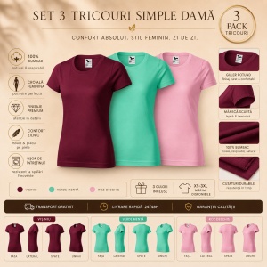Set 3 Tricouri Damă 100% Bumbac – Casual Clasic, Vișiniu, Verde Mentă și Roz Deschis | Transport Gratuit - Img 4