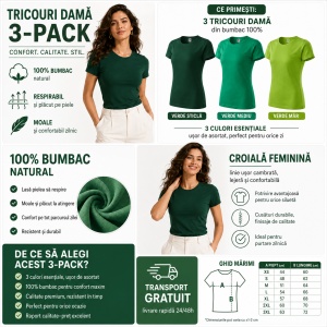 Set 3 Tricouri Damă 100% Bumbac – Clasic Casual, Verde Mediu, Verde Măr și Verde Sticlă | Transport Gratuit - Img 5