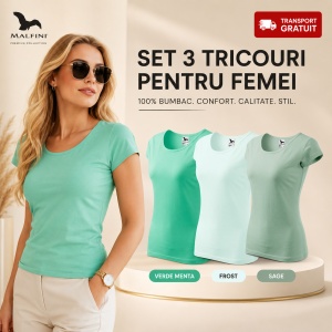 Set 3 Tricouri Damă 100% Bumbac – Elegant Casual cu Decolteu, Verde Mentă, Frost și Sage | Model 122 | Transport Gratuit