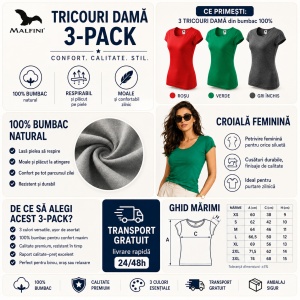 Set 3 Tricouri Damă 100% Bumbac – Elegant Casual, Decolteu, Verde, Roșu și Gri | Model 122 - Img 5