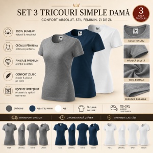 Set 3 Tricouri Damă 100% Bumbac | Gri Închis, Albastru Marin, Alb - Img 2