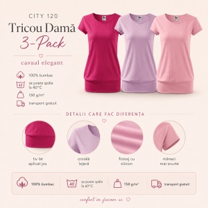 Set 3 Tricouri Damă cu Bandă Jos, 100% Bumbac – Purpuriu, Orchid și Roz - Img 2
