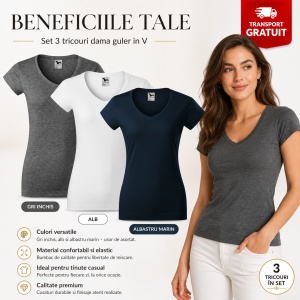 Set 3 tricouri dama guler in V slim fit cu decolteu albastru marin, gri inchis, alb v-neck 162 - Img 4