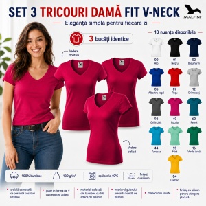 Set 3 Tricouri Damă Malfini Fit V-Neck 162 – 100% Bumbac, Croială Cambrată, Guler în V, 13 Culori - Img 6