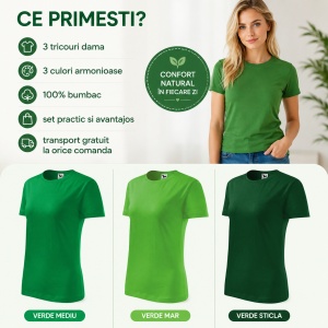 Set 3 tricouri dama simple bumbac 100%, casual clasic pentru femei verde mediu, verde mar, verde sticla 133 - Img 3