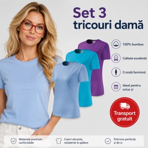Set 3 tricouri dama simple bumbac 100%, casual clasic pentru femei multicolor, albastru deschis, turcoaz, violet 133 - Img 2