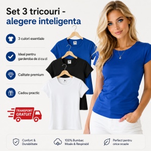 Set 3 tricouri dama simple bumbac 100%, casual clasic pentru femei multicolor, alb,negru, albastru regal 134 - Img 6