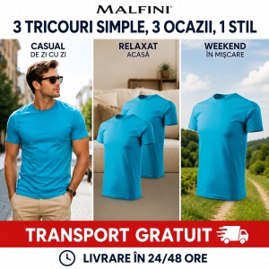 Set 3 tricouri din bumbac 100%, pentru barbati Basic Classic, Malfini, Turcoaz - Img 8