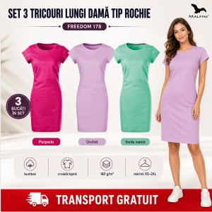 Set 3 Tricouri Lungi Damă Tip Rochie Freedom 178 – Bumbac, Croială Lejeră, Purpuriu, Orchid, Verde Mentă, XS–2XL