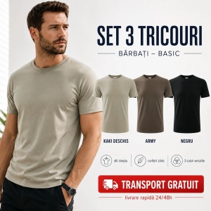Set 3 Tricouri pentru Bărbați | Army, Kaki Deschis, Negru | Marimi Mari - Img 2
