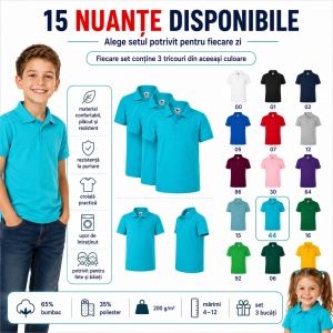 Set 3 tricouri polo copii, fete și băieți, 65% bumbac, 200 g/mp, aceeași culoare - Img 2