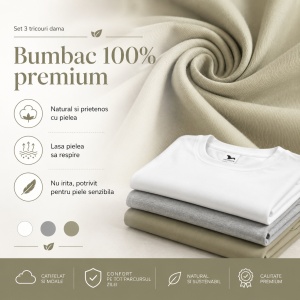 Set 3 tricouri simple dama bumbac clasic casual pentru femei, alb, gri inchis, kaki deschis 134 - Img 7