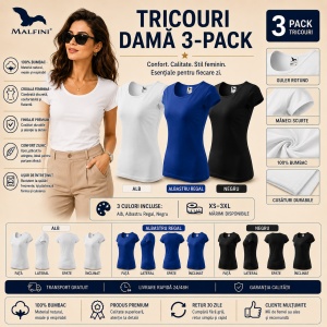 Set 3 tricouri simple dama din bumbac 100%, Elegant casual cu decolteu femei, Alb, Negru, Albastru regal, transport gratuit - Img 5