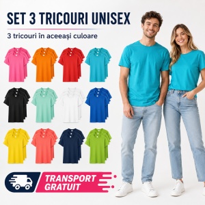 Set 3 tricouri unisex damă și bărbat, 100% bumbac, aceeași culoare, 22 nuanțe disponibile