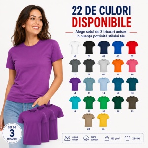 Set 3 tricouri unisex damă și bărbat, 100% bumbac, aceeași culoare, 22 nuanțe disponibile - Img 11