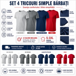 Set 4 Tricouri Bărbați 100% Bumbac Basic – Alb, Gri Închis, Albastru Închis și Gri Deschis | S-3XL - Img 2