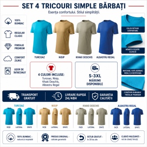 Set 4 Tricouri Bărbați 100% Bumbac Basic – Turcoaz, Nisip, Khaki Deschis și Albastru Regal | S-3XL - Img 2