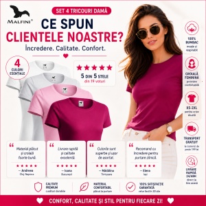 Set 4 Tricouri Damă 100% Bumbac – Casual Clasic, Roz, Roșu Fucsie, Gri Deschis și Alb | Transport Gratuit - Img 6