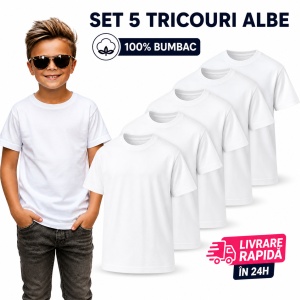 Set 5 Tricouri Albe Copii din Bumbac 100% pentru fete și băieți