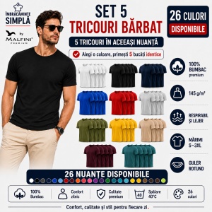 Set 5 Tricouri Bărbat în Aceeași Nuanță, 100% Bumbac, 145 g/m², Guler Rotund, 26 Culori, Mărimi S–3XL - Img 2