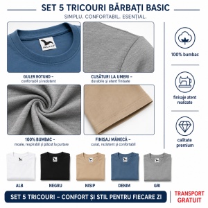 Set 5 Tricouri Bărbați 100% Bumbac – Alb, Negru, Nisip, Denim și Gri | S-3XL - Img 8