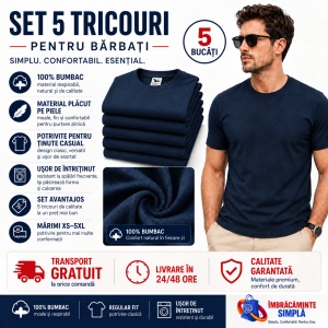 Set 5 Tricouri Bărbați Albastru Marin – 100% Bumbac, Regular Fit, XS–5XL - Img 2