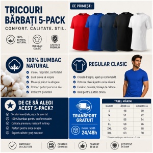 Set 5 tricouri bumbac 100% simplu clasic, Alb, Negru, Albastru Marin, Rosu, Albastru - Img 2