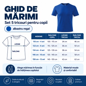Set 5 Tricouri Copii Albastru Regal, 100% Bumbac, pentru Băiat și Fată, Școală, Sport și Joacă - Img 4
