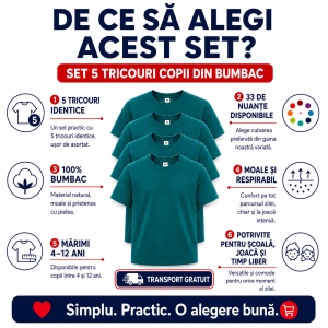 Set 5 tricouri copii din bumbac 100% – fete și băieți, 33 nuanțe disponibile - Img 10