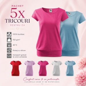 Set 5 tricouri dama din bumbac 100%, cu banda aplicata jos elegant casual pentru femei 120 - Rosu Lavanda Roz Alb Albastru - Img 3