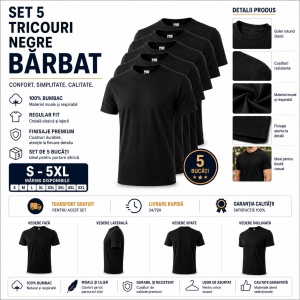 Set 5 tricouri negre din bumbac 100%, clasic si lejer la purtare pentru barbati, Negru P73 - Img 25