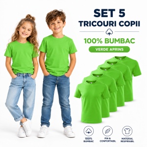 Set 5 Tricouri pentru Copii, 100% Bumbac, Verde Măr, Confortabile și Respirabile