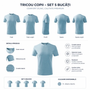 Set 5 Tricouri pentru copii albastru deschis din bumbac 100% , tricouri scoala, tricouri bune - Img 3